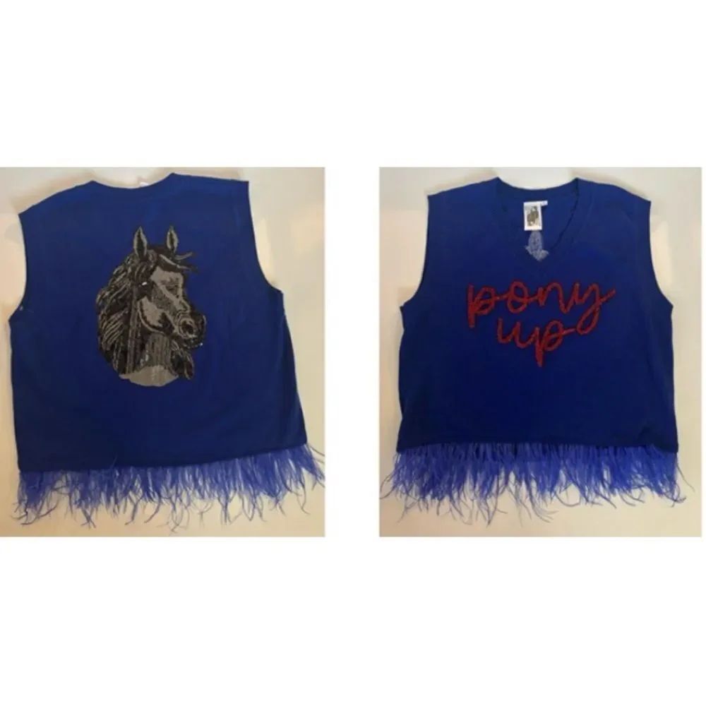 QUEEN OF SPARKLES Royal Blue Pony Up V-Neck Feather Trim Sweater Vest Size M